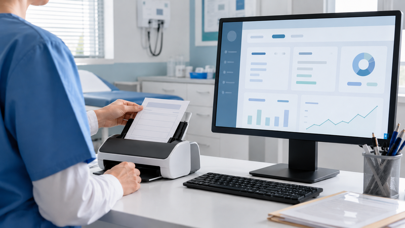 Healthcare worker scanning a patient document into an electronic health record over a remote desktop session